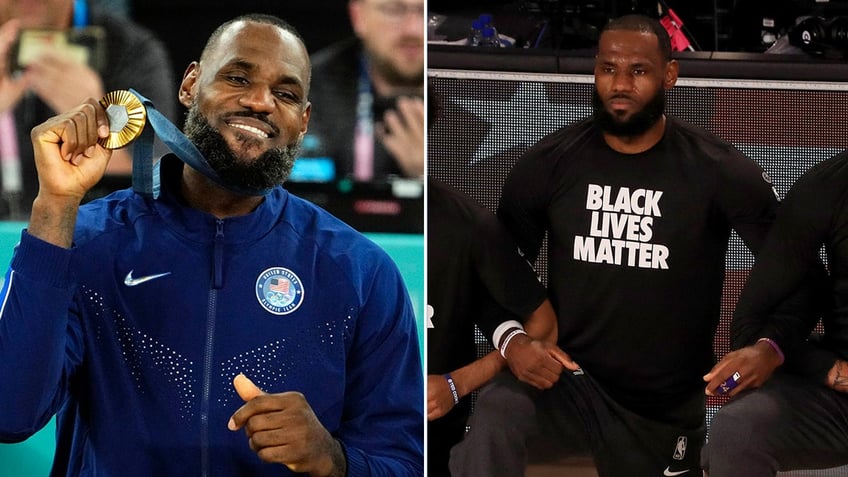 LeBron James with medal, and kneeling for anthem