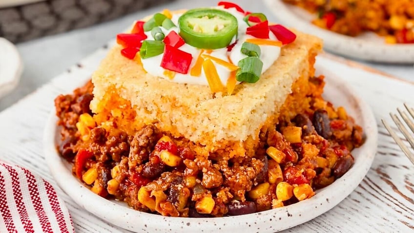 This is a closeup of the Cowboy Cornbread Casserole by Quiche My Grits.