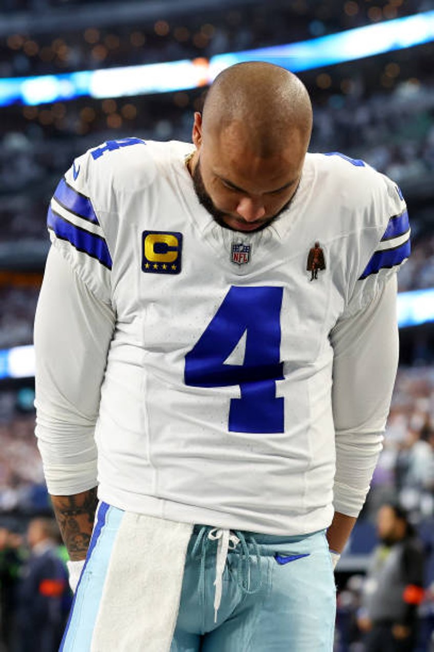 Dak Prescott of the Dallas Cowboys takes the field prior to the NFC Wild Card Playoff game against the Green Bay Packers at AT&T Stadium on January...