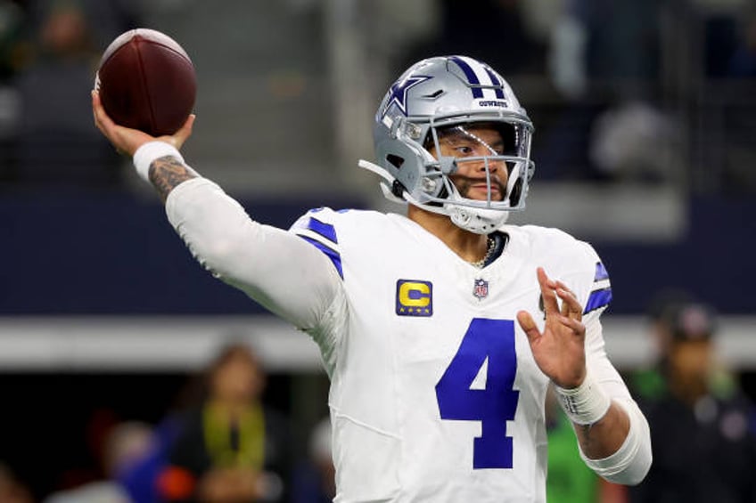 Dak Prescott of the Dallas Cowboys throws a pass during the NFC Wild Card Playoff game against the Green Bay Packers at AT&T Stadium on January 14,...