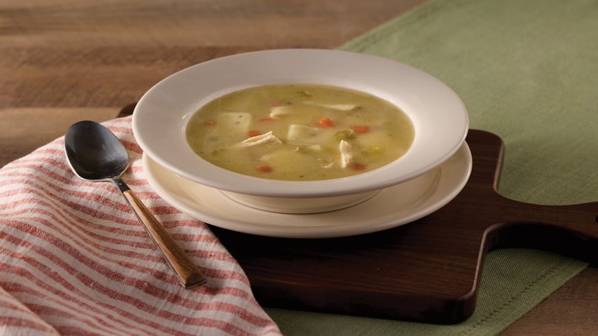 A bowl of Cracker Barrel's Chicken n' Dumplin Soup is pictured.