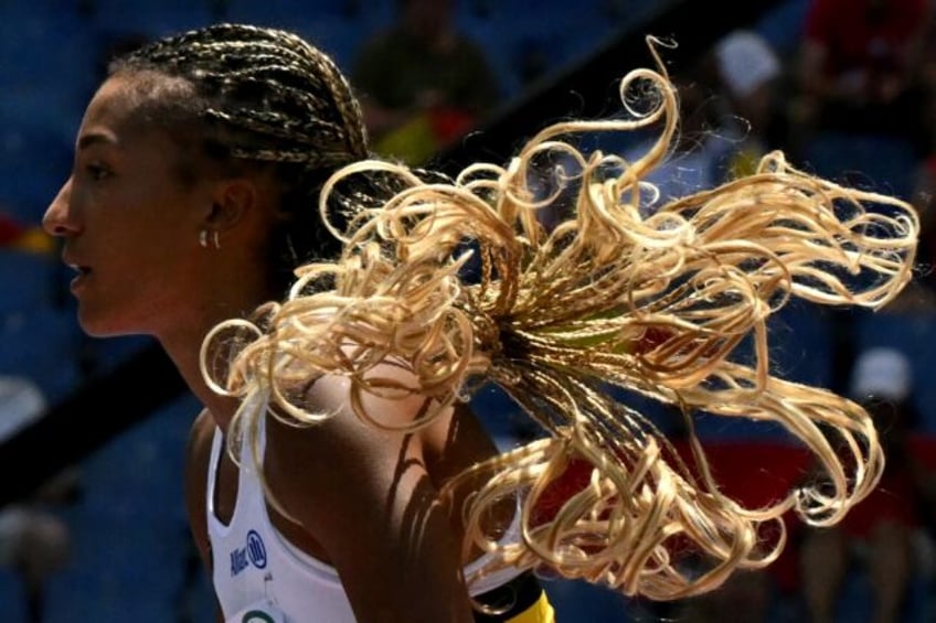 Nafi Thiam competes in the heptathlon high jump at the European Championships in Rome