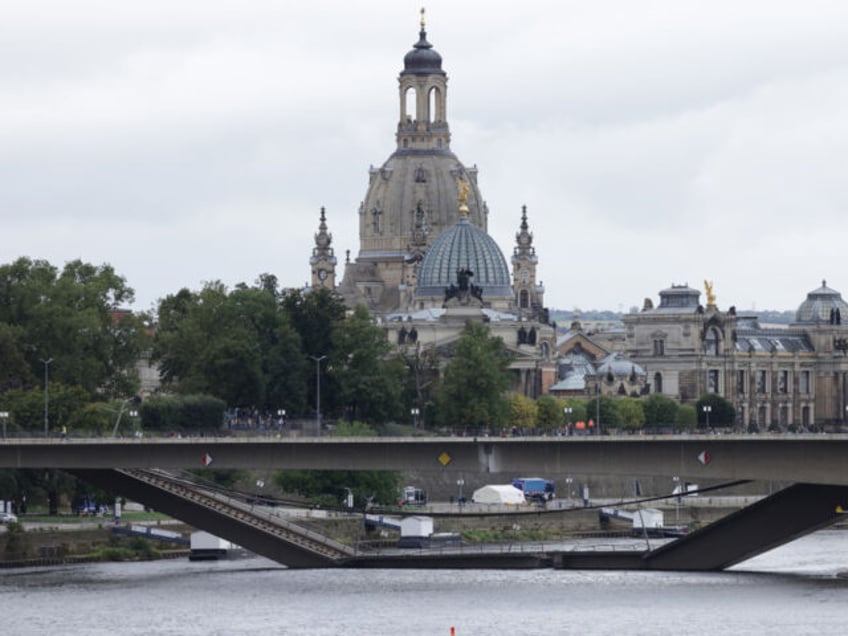 DRESDEN, GERMANY - SEPTEMBER 11: The Carola Bridge (Carolabrücke) stands partially collap