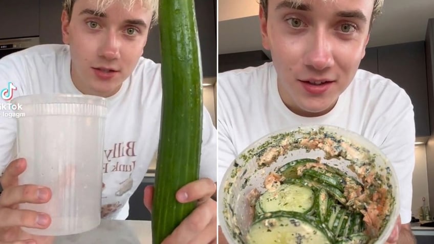 A man holding a cucumber and deli container in one image split with an image of him holding a cucumber salad.