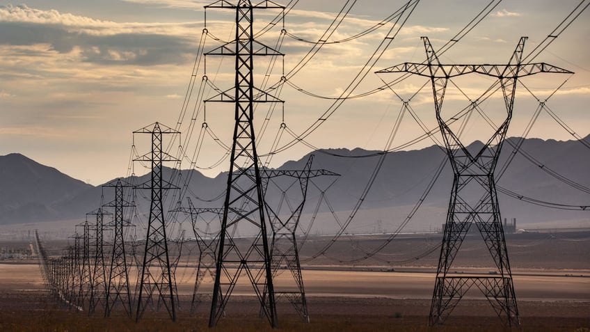 Heavy electrical transmission lines are pictured at the Ivanpah Solar Electric Generating System in California's Mojave Desert on July 15, 2022, near Primm, Nevada. (George Rose/Getty Images)