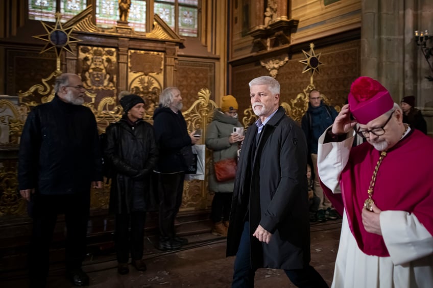 PRAGUE, CZECH REPUBLIC - DECEMBER 23: President of the Czech Republic, Petr Pavel attends a memorial service following a mass shooting earlier this week, on December 23, 2023 in Prague, Czech Republic. Considered the country's worst mass shooting, fourteen people were killed and 25 injured on December 21st in the Czech capital, with police confirming the 24-year-old student gunman dead at the Prague university building. (Photo by Gabriel Kuchta/Getty Images)