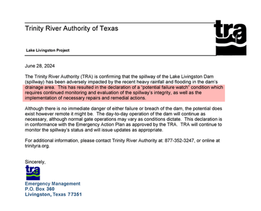 dam in east texas on potential failure watch