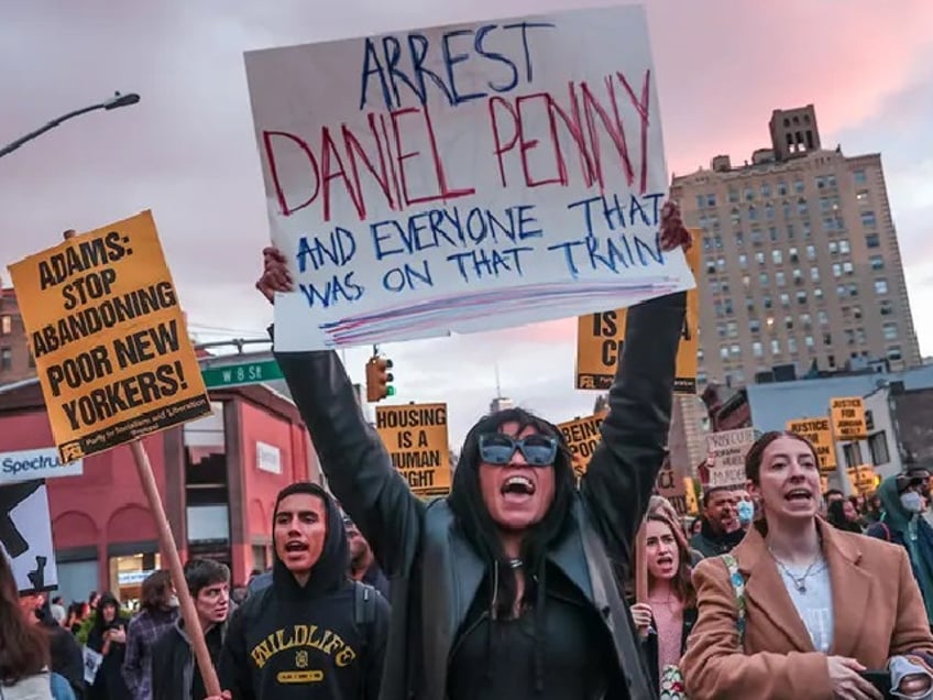 NEW YORK, UNITED STATES - May 5: Hundreds of demonstrators hold banners in New York City on Friday gather in Washington Square Park in New York, USA on May 5, 2023. Charges were called against the former U.S. Marine who choked a homeless man, Jordan Neely to death on the subway. (Photo by Selcuk Acar/Anadolu Agency via Getty Images)