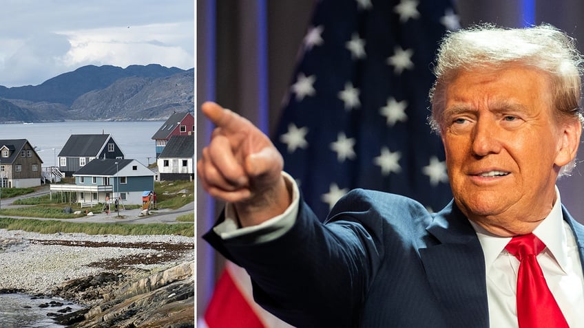 Nuuk in Greenland, left, Donald Trump pointing, right