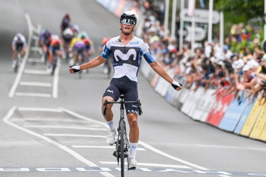 Movistar Team rider Javier Romo Oliver crosses the line to win stage 3 of the Tour Down Un