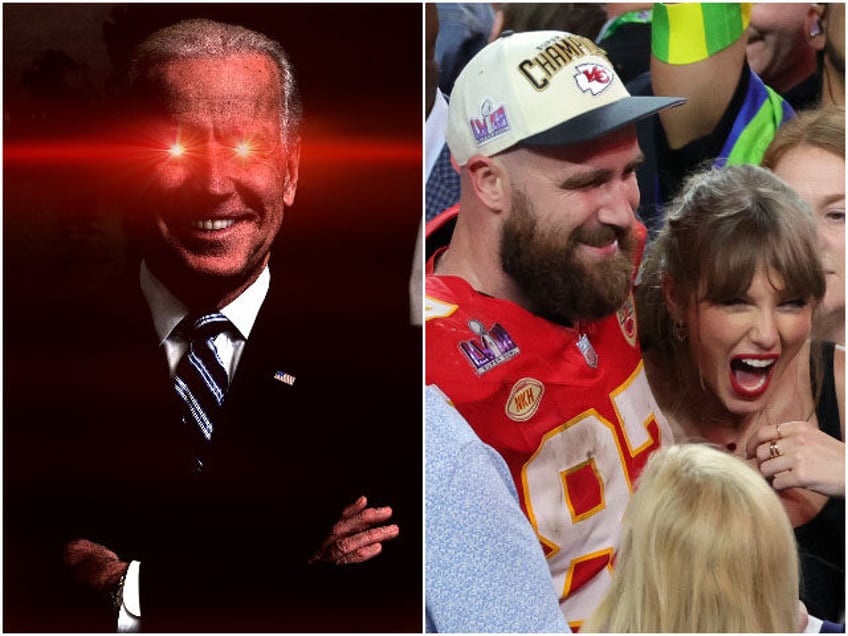 Travis Kelce #87 of the Kansas City Chiefs celebrates with Taylor Swift after defeating th