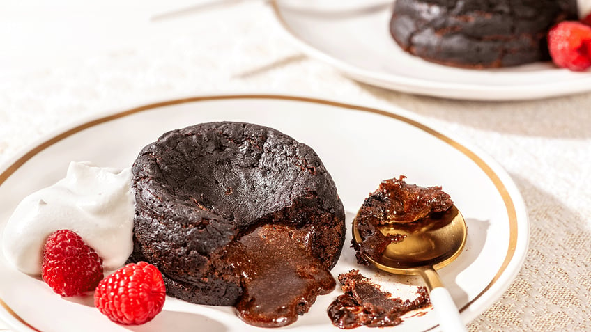 Chocolate lava cake on a dish.