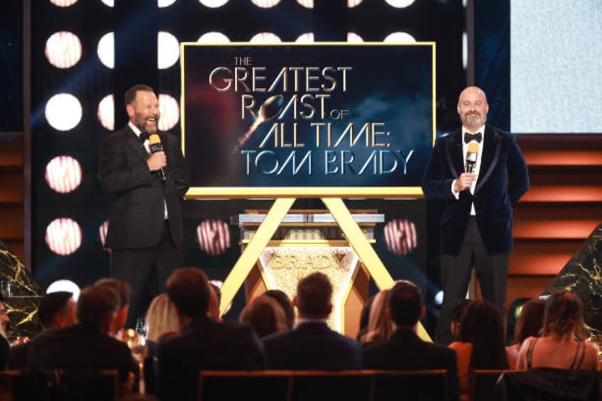 Bert Kreischer and Tom Segura speak onstage during G.R.O.A.T The Greatest Roast Of All Time: Tom Brady for the Netflix is a Joke Festival at The Kia...