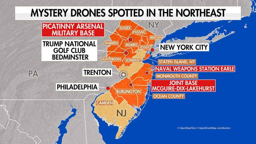 Map showing some of the places where mystery drones have been spotted in Northeastern USA in December 2024. 