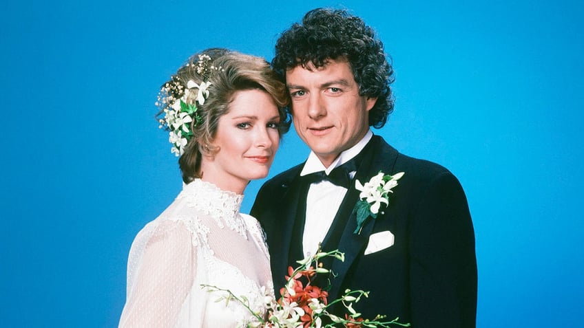 Deidra Hall and Wayne Northrop in a promotional wedding photo from Days of Our Lives