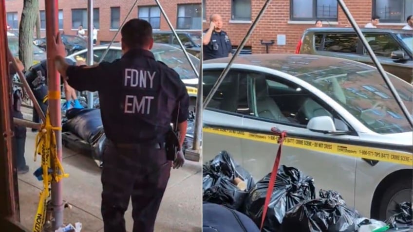 Police and onlookers at the scene where a body was discovered