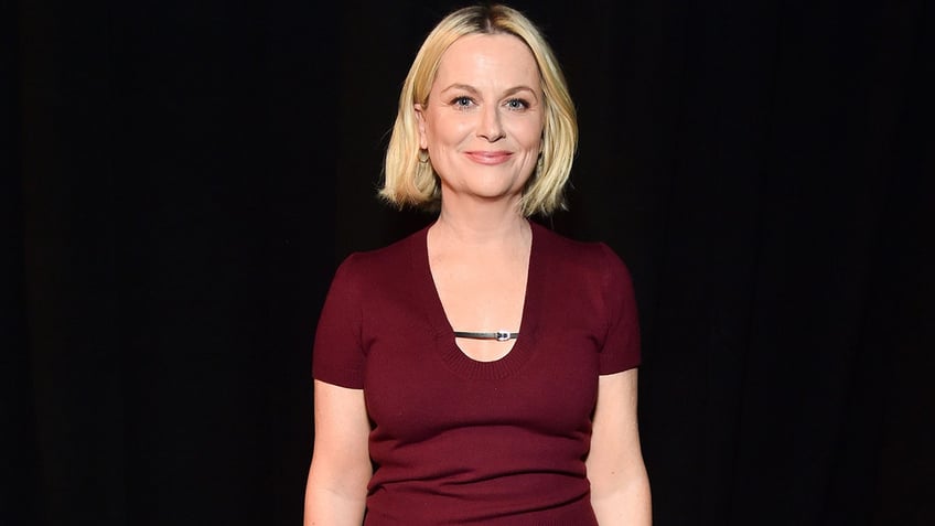 Amy Poehler in a dark red shirt at CinemaCon