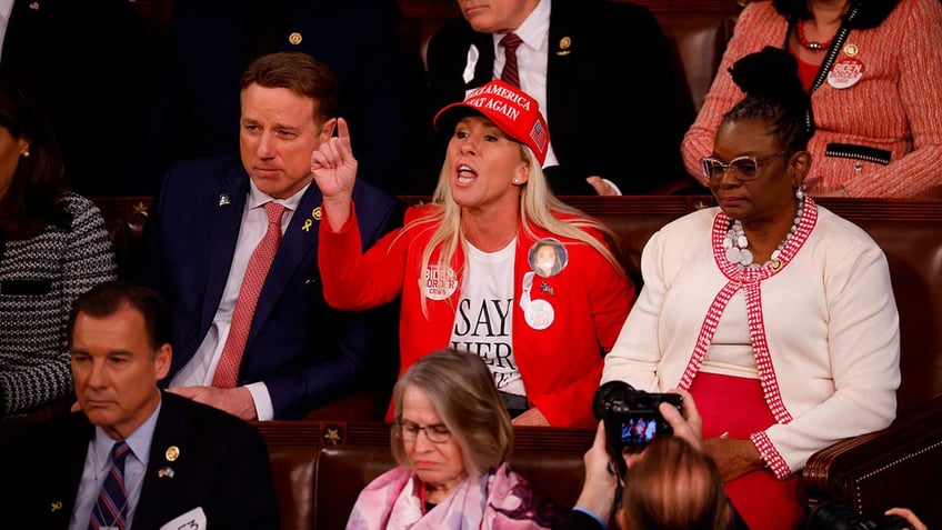 Rep. Marjorie Taylor Greene shouts during the State of the Union