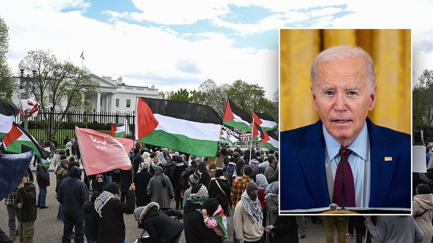 Pro-Palestinian demonstration outside the White House in main image, inset image of President Biden