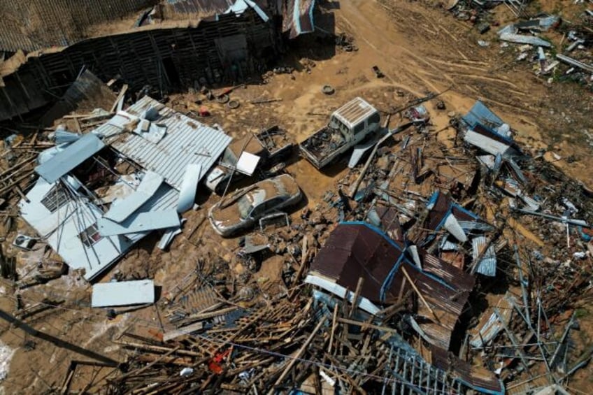 An aerial photo shows the aftermath of flooding in Meizhou, in southern China's Guangdong