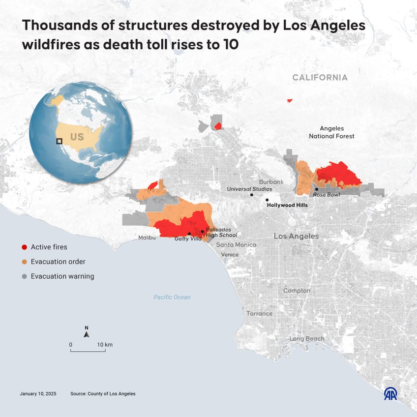 death toll rises to 10 as los angeles wildfires regather strength more evacuation orders issued