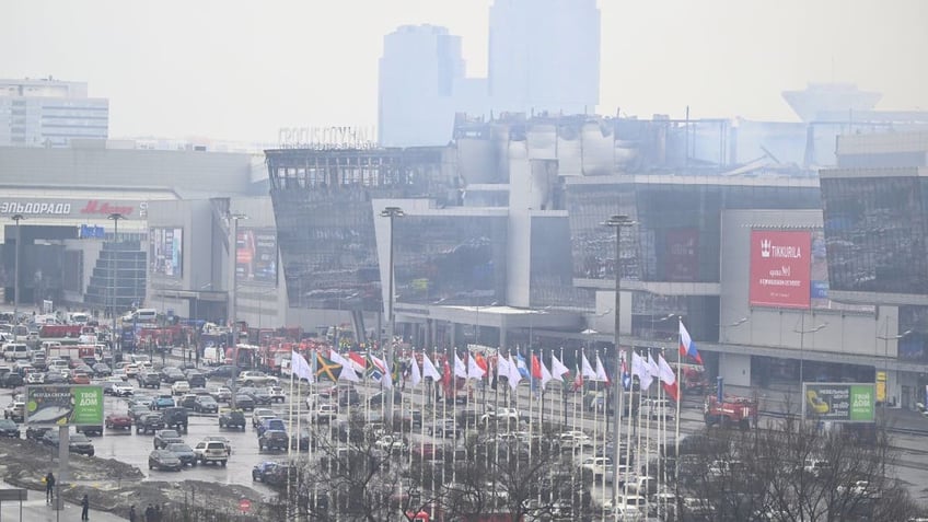 The exterior of the Moscow concert hall following a terror attack