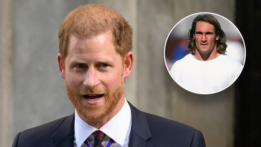 Prince Harry looking to his left wearing a suit in public inset a photo of Pat Tillman in a white t-shirt
