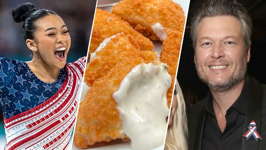 Split image featuring Suni Lee on one side, deep-fried ranch in the middle and Blake Shelton on the other.