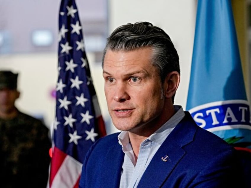 US Secretary of Defense Pete Hegseth talks to the media during his visit to the headquarte