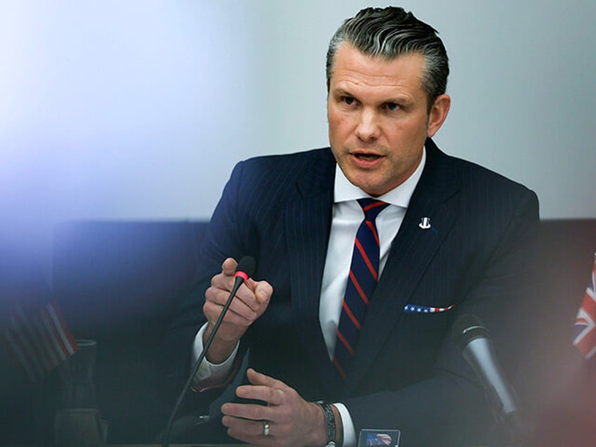 United States Secretary of Defense Pete Hegseth speaks during a meeting of the Ukraine Def