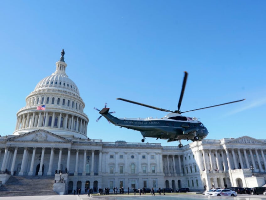 The helicopter with outgoing U.S. President Joe Biden and first lady Dr. Jill Biden depart