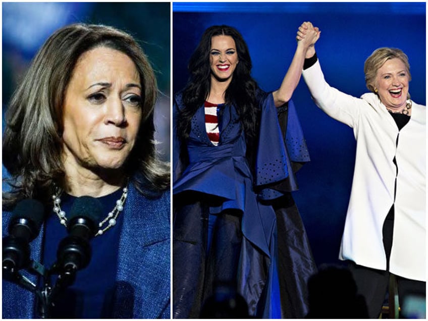 Hillary Clinton, 2016 Democratic presidential nominee, right, stands with singer Katy Perr