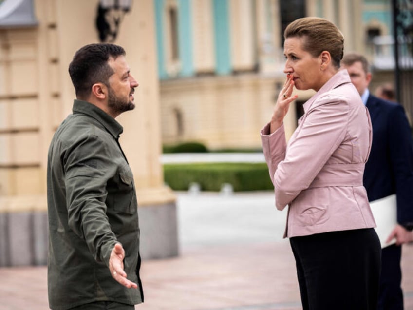 Ukrainian President Volodymyr Zelensky (L) gestures as he talks with Denmarks Prime Minister Mette Frederiksen (R) prior to a press conference outside the Presidential Palace following their meeting in Kyiv, on September 6, 2023. (Photo by Ida Marie Odgaard / Ritzau Scanpix / AFP) / Denmark OUT (Photo by IDA …