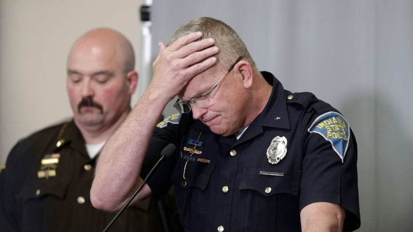 Supt. Doug Carter of the Indiana State Police reacts as he speaks during a press conference on an update on the Delphi murders investigation, Monday, April 22, 2019 at the Canal Center in Delphi.