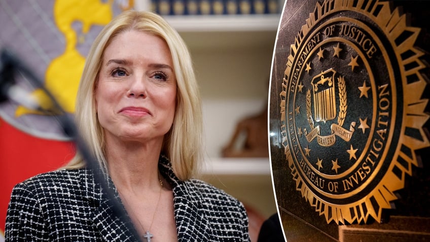 Pam Bondi and the FBI J. Edgar Hoover building logo