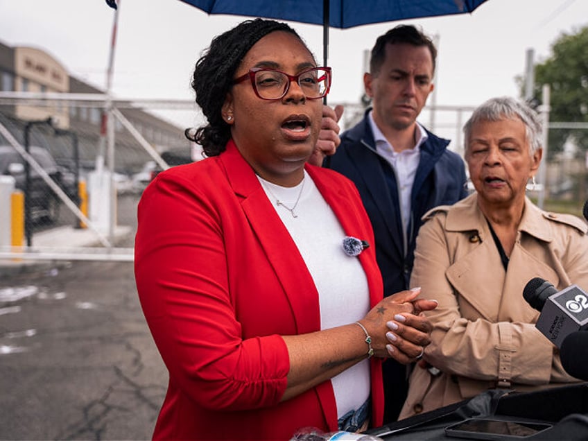 Congresswoman Rep. LaMonica McIver, D-N.J., speaks to the press after Newark mayor Ras Bar