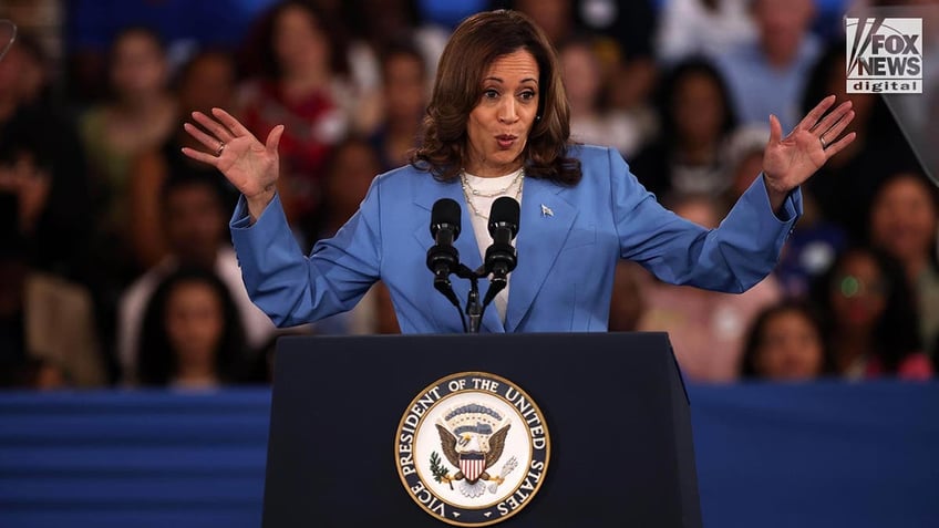 Vice President Kamala Harris in a blue suit stands at the podium