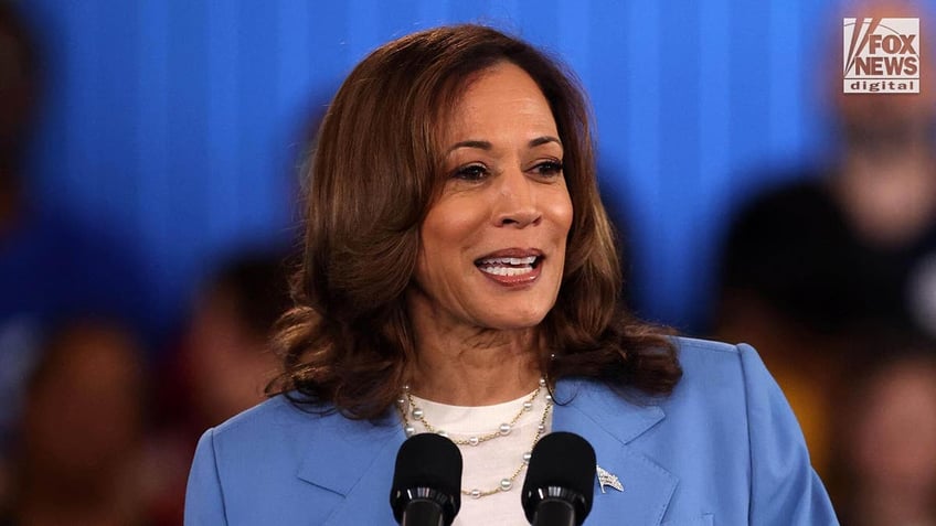 Vice President Kamala Harris in a blue suit stands at the podium