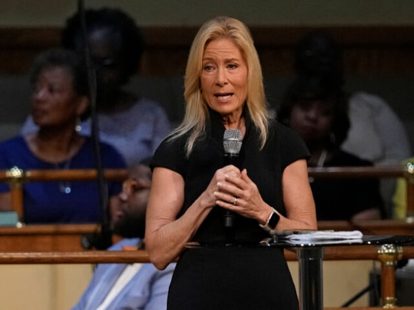 Jacksonville Mayor Donna Deegan speaks to parishioners during a prayer service for the victims of a mass shooting at the St. Paul A.M.E. Church, Sunday, Aug. 27, 2023, in Jacksonville, Fla. (AP Photo/John Raoux)