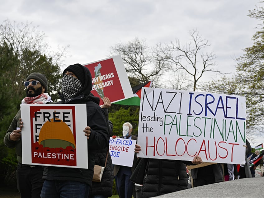 WASHINGTON DC, UNITED STATES - APRIL 6: Demonstrators march from Sylvan Theater to the White House within a pro-Palestinian demonstration, condemning Israeli attacks on Gaza, in Washington D.C., United States on April 6, 2024. (Photo by Celal Gunes/Anadolu via Getty Images)