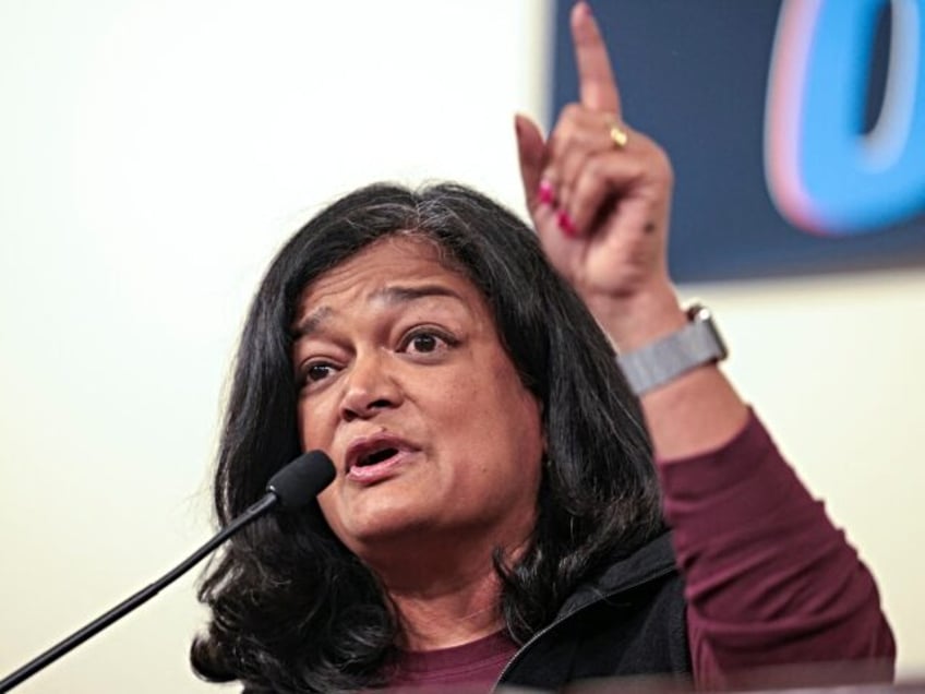 US Representative Pramila Jayapal speaks during a strike rally for the International Assoc