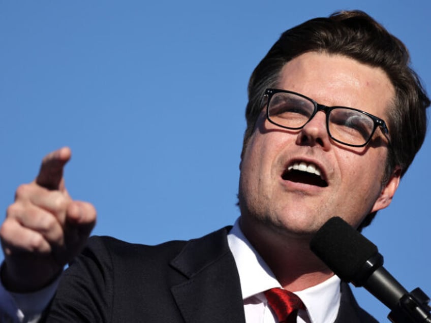 COACHELLA, CALIFORNIA - OCTOBER 12: U.S. Rep. Matt Gaetz (R-FL) speaks at a campaign rally