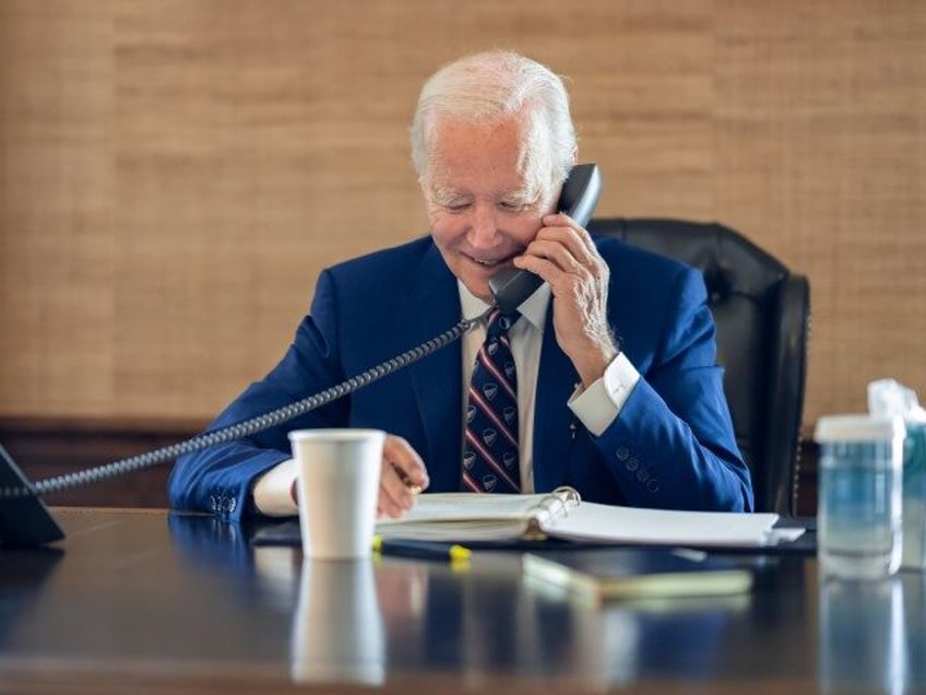 President Joe Biden participates in a call with 11 world leaders about Ukraine, Tuesday, October 3, 2023, in the Treaty Room of the White House. (Official White House Photo by Adam Schultz)