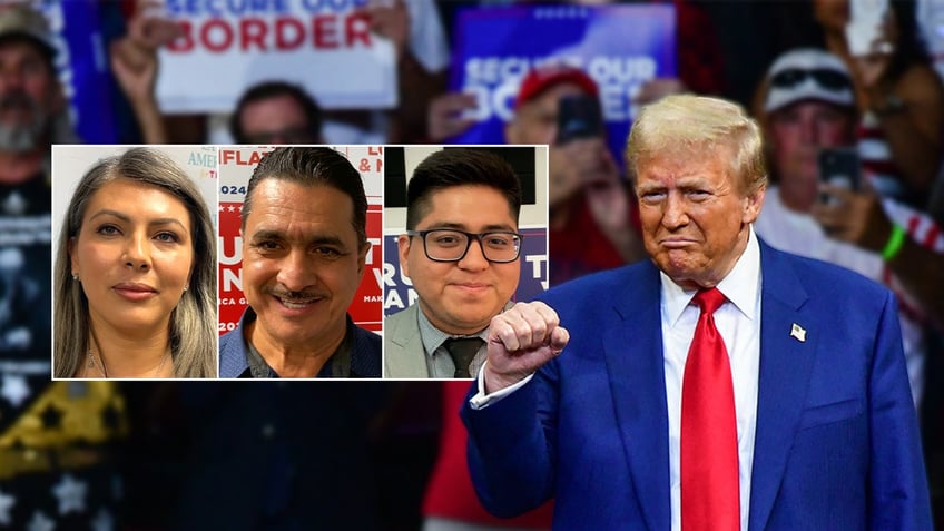 Hispanic voters next to rally image of former President Donald Trump