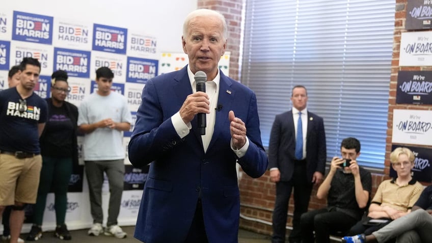 President Joe Biden speaks at a campaign office in Philadelphia on Sunday, July 7, 2024. (AP Photo/Manuel Balce Ceneta)