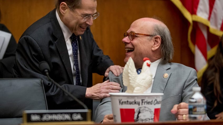 Judiciary Committee Chairman Jerrold Nadler, D-N.Y., with Rep. Steve Cohen, D-Tenn., after Cohen arrived with a bucket of fried chicken and a prop chicken.