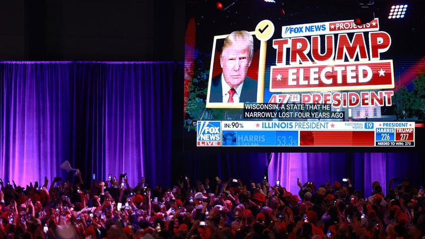 Supporters take photos as Fox News projects Republican presidential nominee, former U.S. President Donald Trump is elected president during an election night event