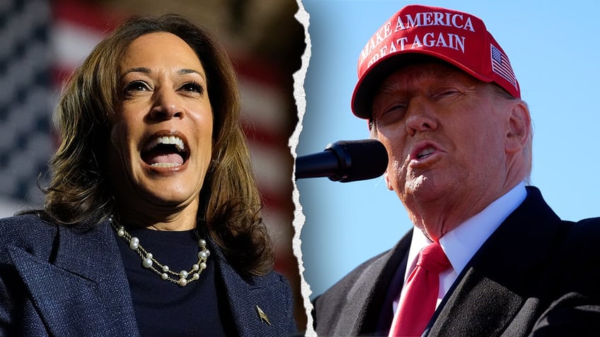 Harris and Trump are seen side-by-side in a split photo.