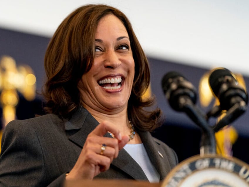 Vice President Kamala Harris smiles to a person who shouted out as she speaks at a vaccine