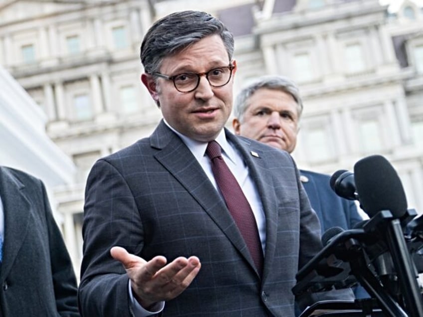 UNITED STATES - JANUARY 17: From left, Reps. Mike Turner, R-Ohio, Mike Rogers, R-Ala., Speaker of the House Mike Johnson, R-La., and Michael McCaul, R-Texas, address the media after a meeting with President Joe Biden at the White House about funding for Ukraine in the war with Russia and border …